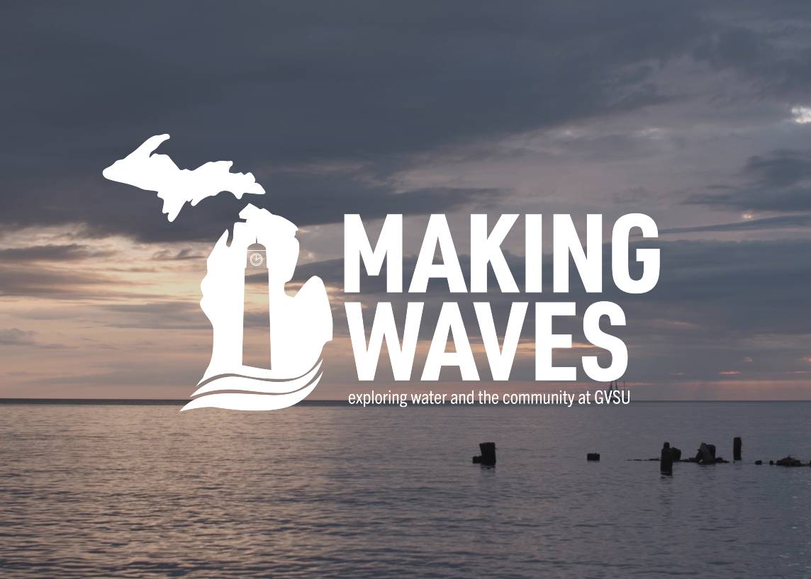 The Making Waves Initiative logo superimposed on a lake at sunset.